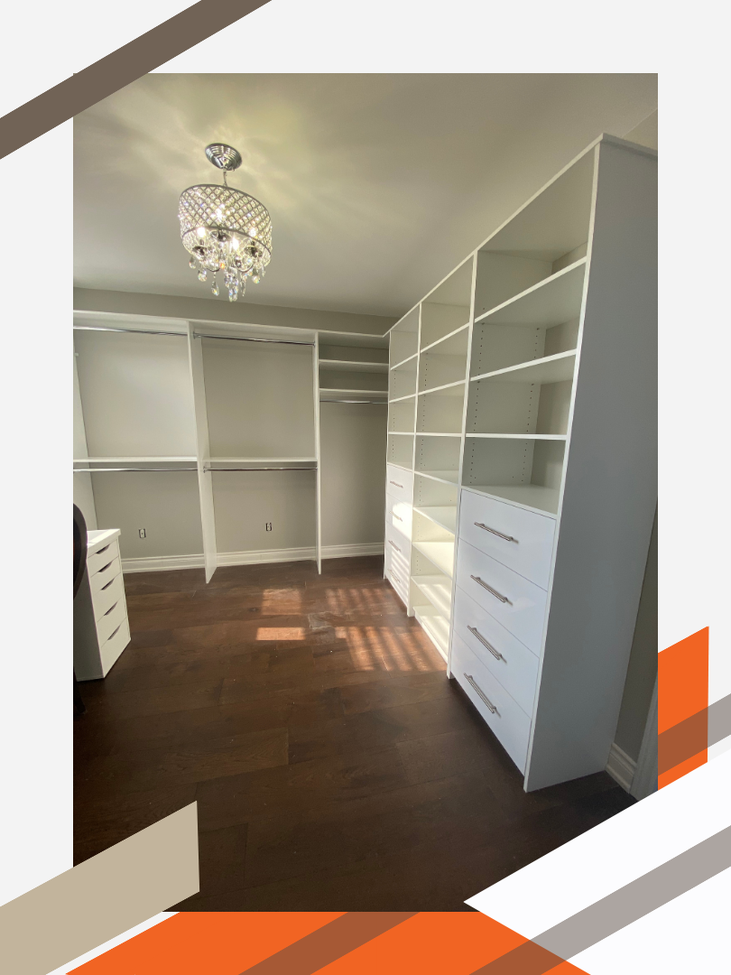 A wraparound custom shelving and storage solution designed for a modern office within a residential home. The solution includes a combination of long and short hanging, closed-face drawers, and open shelving.