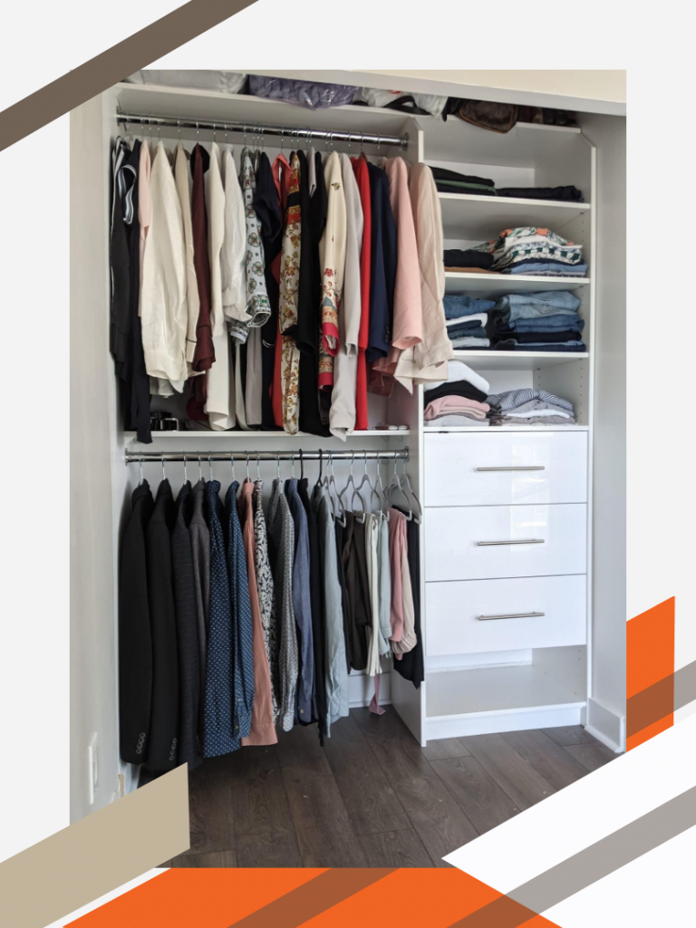A clean, modern reach-in closet completed with a white glossy finish. There are shelves and drawers on the right, short hanging on the left, and a shelf on top for plenty of storage.