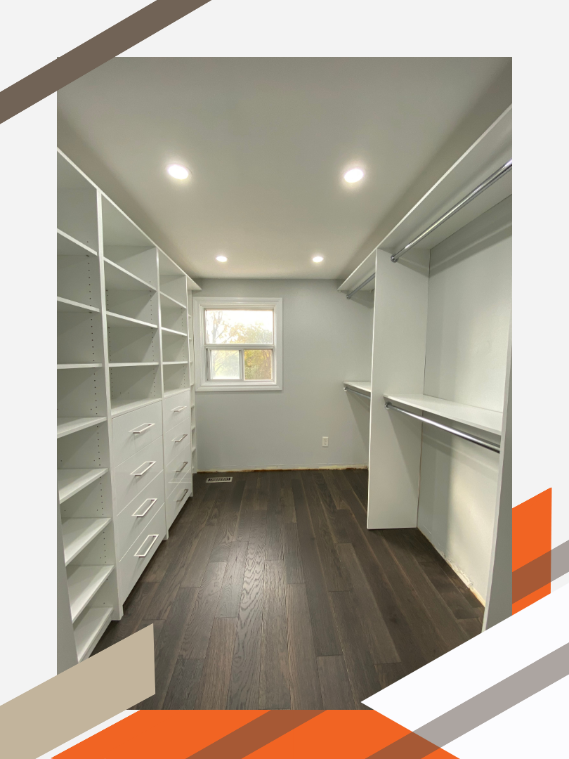 A clean, modern walk-in closet in a residential home. There are varying styles of shelves, closet doors, and hanging bars to accommodate the storage of a variety of items.