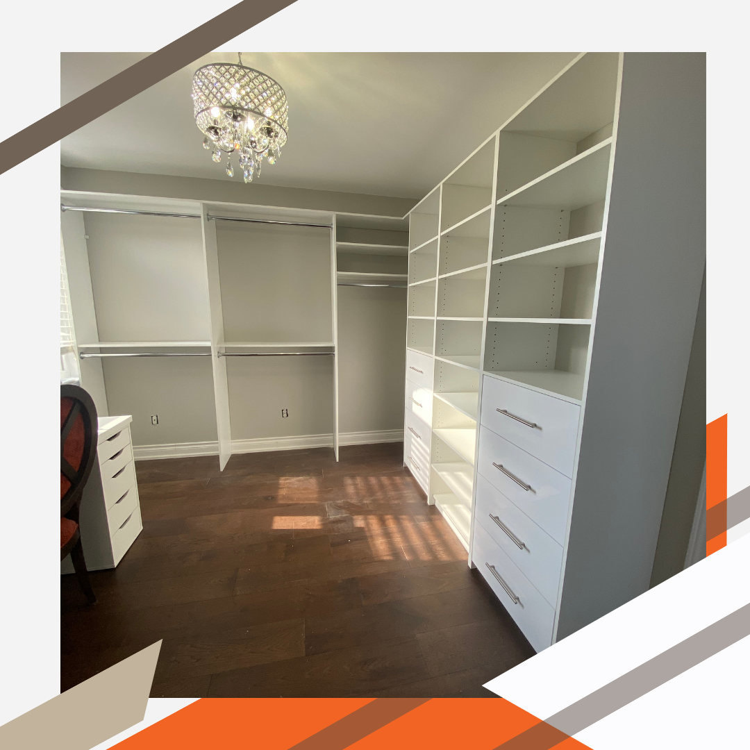 A corner of a modern home office has been outfitted with a combination of shelves, cabinets, and hanging.